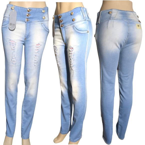 *NEW* Colombian Authentic High Rise Skinny Wash Distress Butt Lifter Blue Jeans - Picture 3 of 13
